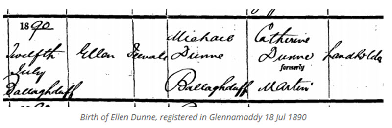 birth registration of Ellen Dunne